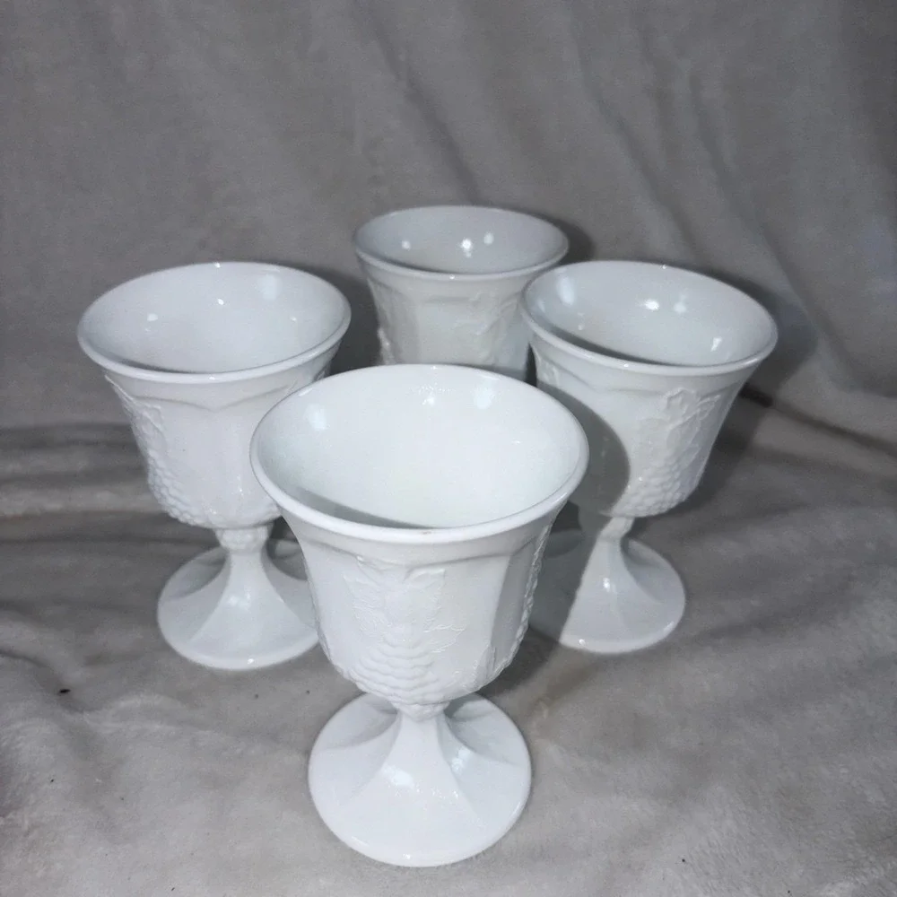 Vintage 60s Indiana Glass Co. Colony Harvest milk glass‎ goblets 4 MCM Farmhouse